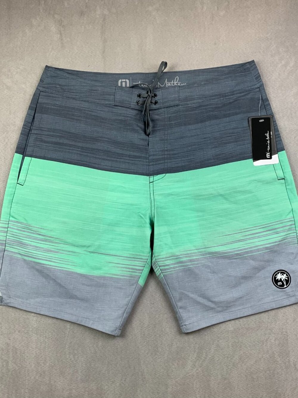 Travis Mathew Men Swim Trunks 36 Green Gray Colorblock Board Shorts Nobody Panic